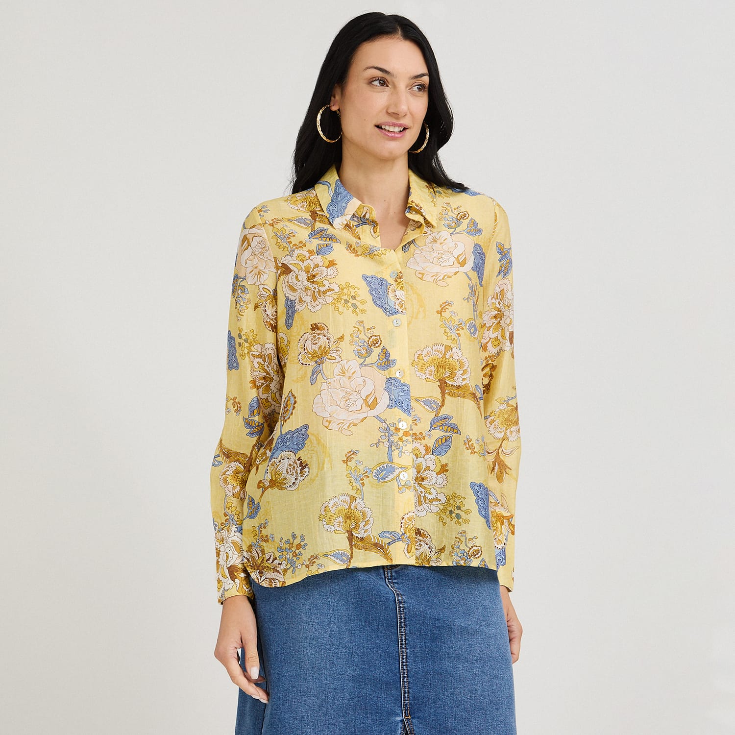 Blusa Manga Larga Estampada con Botones Mostaza